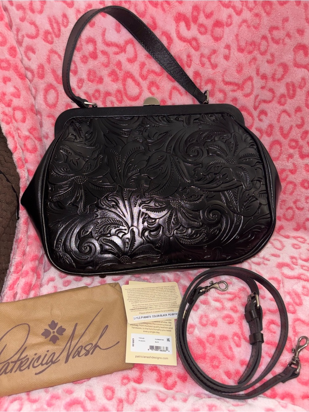 Patricia Nash Clementine      Black Tooled Leather Satchel with Removable Strap